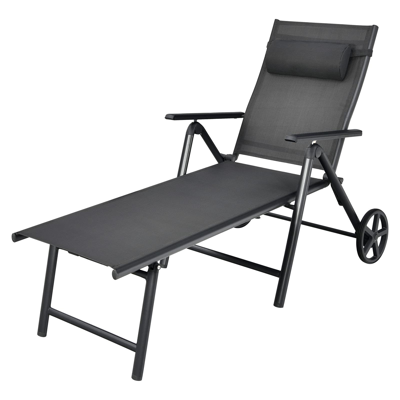Chaise longue de patio Tangkula avec roulettes, Chaise longue de jardin pliante avec 7 positions de dossier réglables